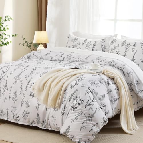 MUXHOMO White Full Comforter Set, Elegant Floral Print Bed in a Bag 7 Pieces, Ultra Soft & Breathable Reversible Botanical Pattern Bedding Set with Comforter, Sheets, Pillowcases, and Shams