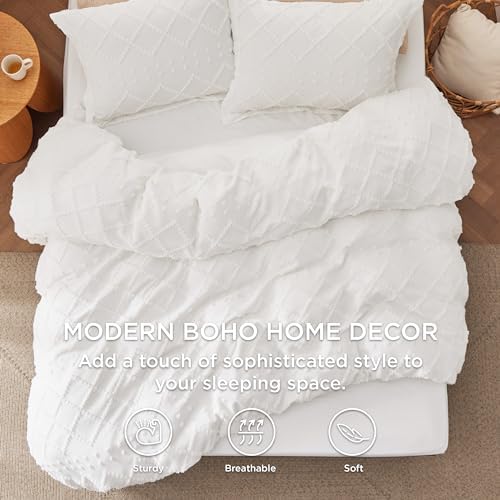 Bedsure Boho Duvet Cover King, Vintage Tufted Bedding, 4-Piece, White