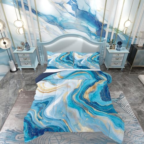 jejeloiu Teal Marble Kids Comforter Set Toddler Size Modern Marble Aesthetic Bedding Set Retro Watercolor Duvet Quilt for Kids Boys Girls Bedroom Abstract Texture Decor Microfiber Ultra Soft