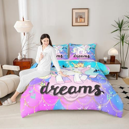 Unicorn Kawaii Bedding King,Cute Rainbow Unicorn Comforter Set,Magical Animals Dreamy Horse Down Comforter,Glitter Mermaid Scale Teal Purple Galaxy Stars Quilt Unicorn Gifts for Girls Child Kids