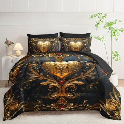 King Size Heart Comforter Set, 7 Piece (1 Comforter, 1 Flat Sheet, 1 Fitted Sheet, 2 Pillowcase and 2 Pillow Sham)