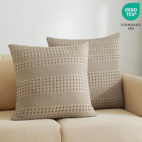 PHF 100% Cotton Waffle Weave Euro Sham Covers, 2 Pack 26" x 26" Bed Pillow Covers for Elegant Home Decor, No Filling, Luxury Aesthetic Soft Euro Pillow Cases for Bed, Simply Taupe