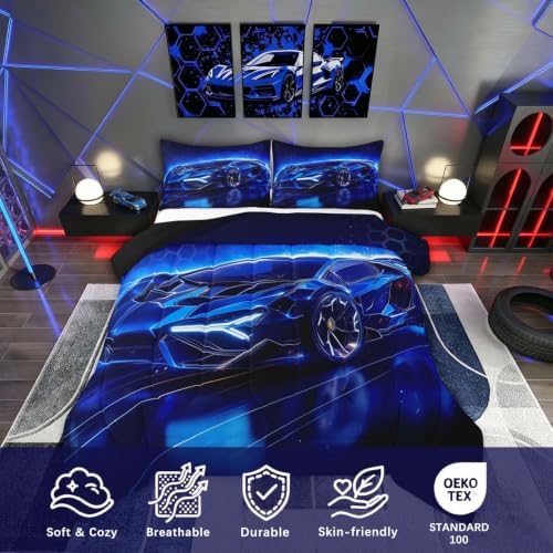 Feelyou Kids Boys Sports Car Comforter Set Queen Size Blue Race Car Comforter for Kids Teens Room Decor Extreme Sports Theme Bedding Set Cool Speed Luxury Car Decor Quilt Set Soft for All Season