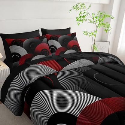 7 Piece Black and Red King Comforter Set Geometric Pattern，Geometric Bedding Set Boys，Geometric Bedroom Decor，(1 Comforter, 1 Flat Sheet, 1 Fitted Sheet, 2 Pillowcase and 2 Pillow Sham)