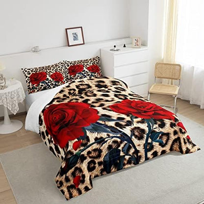 Rose Flower Comforter Set for Teens Adult Women Wedding Gift, Leopard Print Bedding Set Full Size, Valentine's Day Cheetah Duvet Sets Leopard Animal Skin Down Comforter for Bedroom Decor, Brown