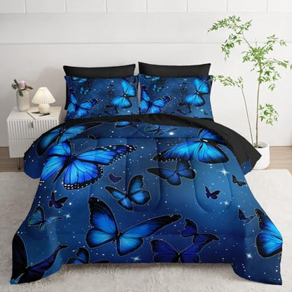 7Pcs Blue Butterfly Comforter Set Animals Printed Bedding Set with 1 Comforter, 1 Flat Sheet, 1 Fitted Sheet and 4 Pillowcases for Boys and Girls Bedroom (Butterfly Twin