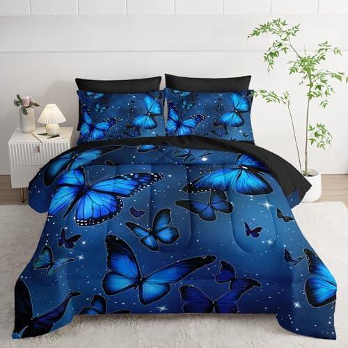 7Pcs Blue Butterfly Comforter Set Animals Printed Bedding Set with 1 Comforter, 1 Flat Sheet, 1 Fitted Sheet and 4 Pillowcases for Boys and Girls Bedroom (Butterfly King