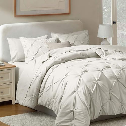 Nestl 9 Piece King Comforter Set – Off White Pinch Pleated Bed in a Bag – Complete King Size Bedding Set with Sheets, Set of 2 Cooling Pillows, Pillowcases and Shams