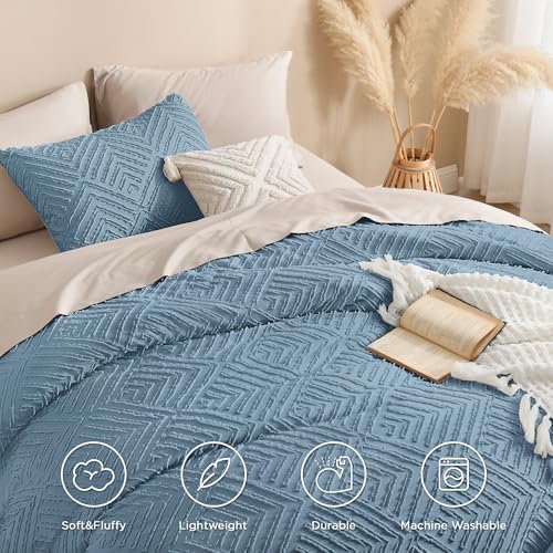 Andency Grayish Blue Super King Comforter, 3 Pieces Boho Bedding Set