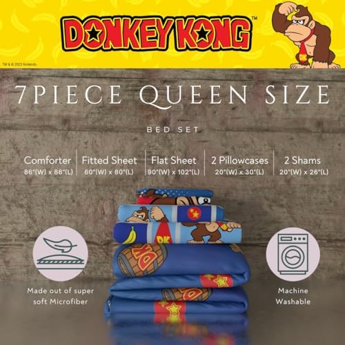 Franco Nintendo Donkey Kong Gaming Bedding 7 Piece Super Soft Reversible Comforter and Sheet Set with Sham, Queen, (Officially Licensed Product)