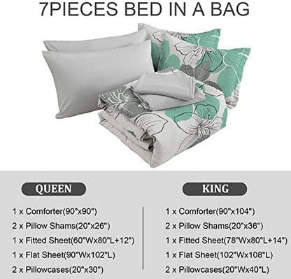 Luxudecor Floral Comforter Set King, 7 Pieces Aqua Green Bedding Set