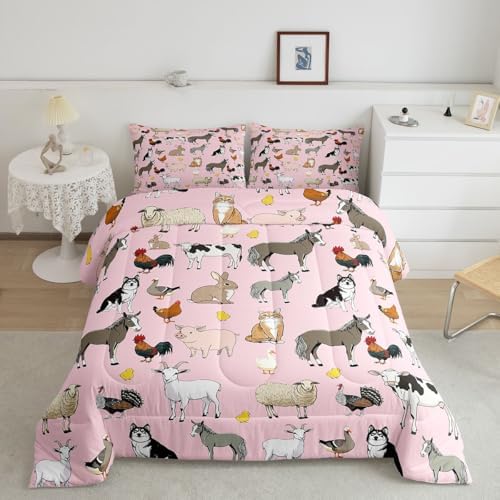 Feelyou Pink Farm Animal Comforter Set Toddler Size Cute Animal Bedding Set for Kids Boys Girls Farm Theme Duvet Quilt Cartoon Bedroom Decor 2 Pcs with 1 Pillow Cases