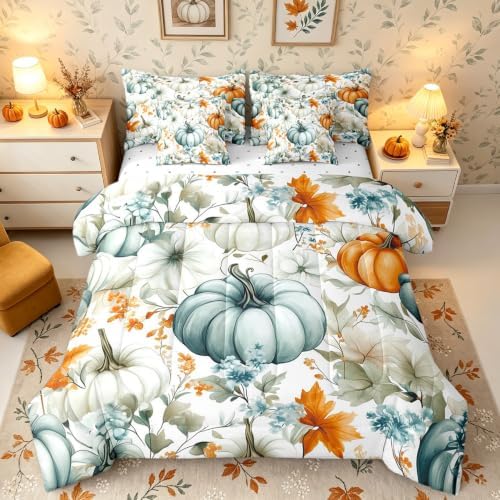 Erosebridal Fall Harvest Pumpkin Queen Comforter Set 7 Piece Maple Leaf Print Bed in A Bag with Sheets for Kids Boys Girls Adultsthanksgiving Decor Bedding Set Watercolor Bed Set