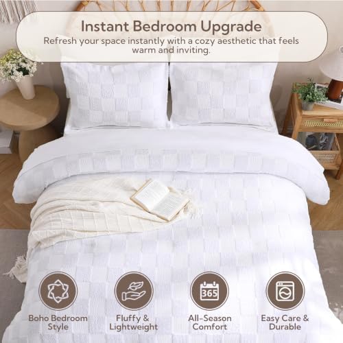 MR&HM Queen Comforter Set 7 Pieces, Checkered Boho Tufted Bed Set White