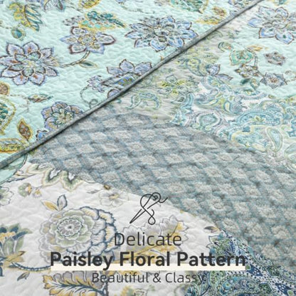 Yvooxny 3-Piece Quilt Set King Size Patchwork Paisley Turquoise Floral