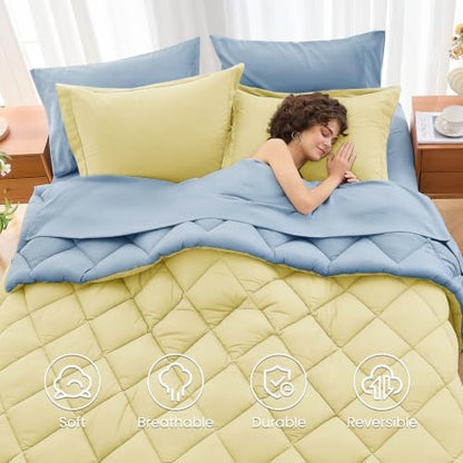MUXHOMO 5 Pieces Twin Comforter Set, Reversible Bed in a Bag Twin Size, All Season Bedding Set with Comforter, Flat Sheet, Fitted Sheet, Pillowcases & Shams, Light Yellow & Light Blue
