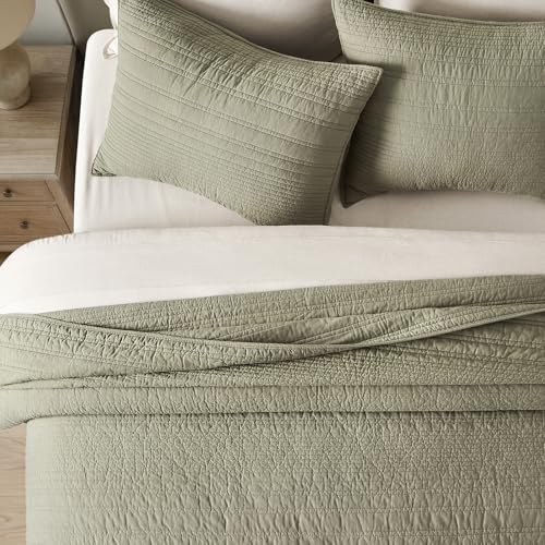 EVERGRACEHOME 100% Cotton Modern Lines Quilt Set Queen Size, Light Sage