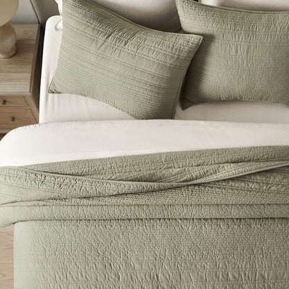 EVERGRACEHOME 100% Cotton Modern Lines Quilt Set Queen Size, Light Sage