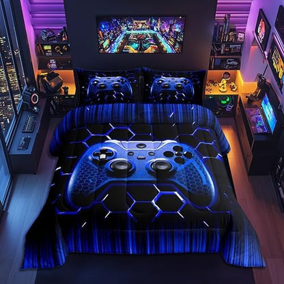 Manfei Honeycomb Gamepad Comforter Set Twin Size, Blue Geometric Reversible Bedding Set 2pcs for Kids Boy Game Room Decor, Modern Gamer Down Comforter Modern Gaming Quilt Set with 1 Pillowcase