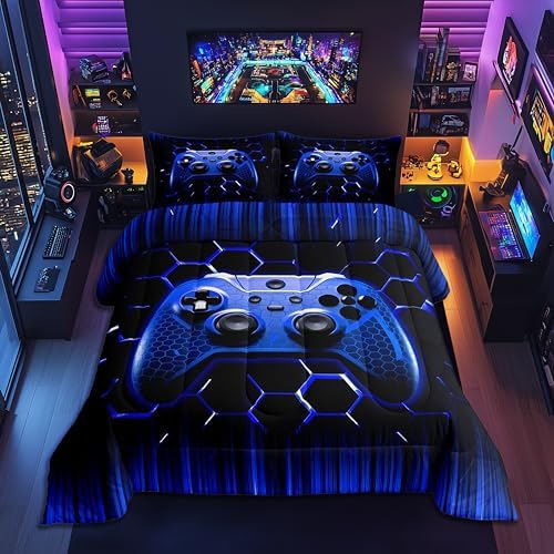 Manfei Honeycomb Gamepad Comforter Set Queen Size, Blue Geometric Reversible Bedding Set 3pcs for Kids Boy Game Room Decor, Modern Gamer Down Comforter Modern Gaming Quilt Set with 2 Pillowcases