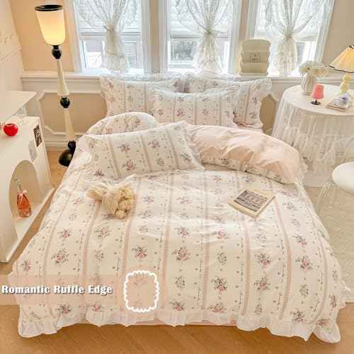 VM VOUGEMARKET Pink Flower Duvet Cover Set Twin Reversible Ruffle Duvet Cover with Zipper Ties 100% Cotton Cute Romantic Girls White Lace Comforter Cover with 2 Pillow Shams