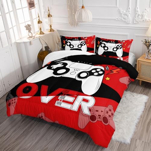 Axolotl Gamer Comforter Set Queen, 3Pcs Gaming Gamepad Bedding for Men, Games Console Bedding for Adults Room, Video Game Controller Room Decor Gaming Bed Set 1 Comforter with 2 Pillowcases, Black Red