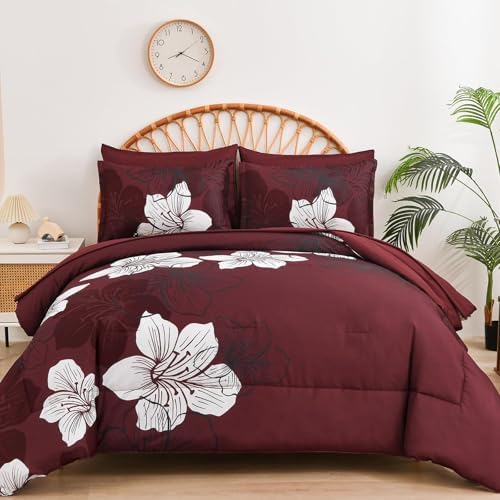 Luxudecor 7 Pieces Full Size Comforter Set, Burgundy Bed in a Bag Floral Comforter and Sheet Set, Soft Microfiber Complete Bedding Set for All Season 78"×90"