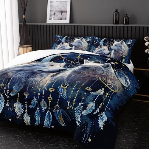 Nttopship Wolf Animal Comforter Set Full Size,Modern Wildlife Animal Comforter Wolf Bedding Set for Girls Boys Kids Teens Watercolor Wolf Dark Clouds Wild Animal Comforter with 2 Pillowcases