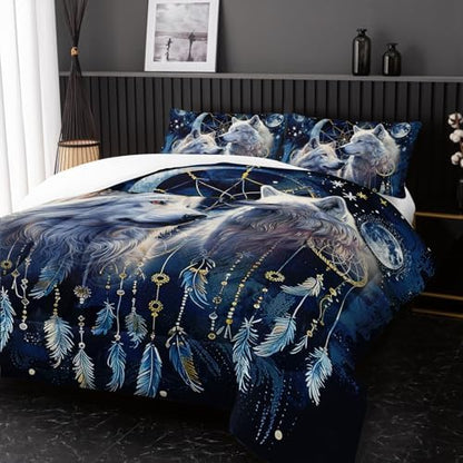 Nttopship Wolf Animal Comforter Set Full Size,Modern Wildlife Animal Comforter Wolf Bedding Set for Girls Boys Kids Teens Watercolor Wolf Dark Clouds Wild Animal Comforter with 2 Pillowcases