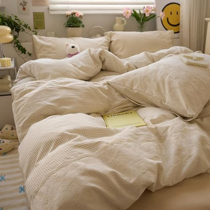 LifeTB Tan Gingham Comforter Set Queen Princess Lace Style Beige Taupe Plaid Comforter Set Soft Fluffy Grid Farmhouse Gingham Bedding Set Vintage Plaid Checkered Comforter with 2 Pillowcases