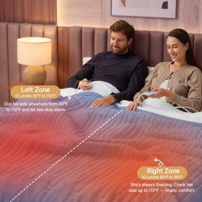 Heated Electric Blanket King Size, Dual Control, 90" x 100", Azure