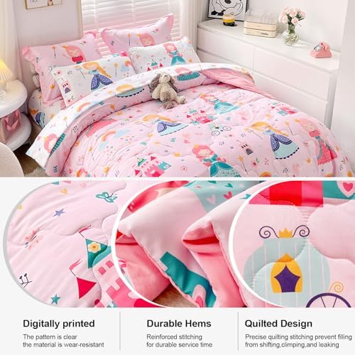 Wajade Kids Pink Princess Comforter Set Bed in a Bag Twin Size 7 Piece Princess Fairy Tales Castle Bedding Set for Girls (1 Comforter, 1 Flat Sheet, 1 Fitted Sheet, 2 Pillowcase and 2 Pillow Sham)