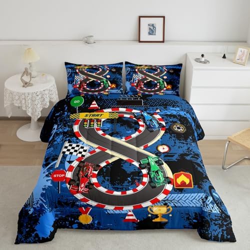 Queen Size Comforter Sets for Boys Kids,3pcs Racing Car Bedding Comforter Sets,Cars Bedding for Teens Men,Cars Lover Bedding,Cool Race Cars Quilt Bed Set with 1 Comforter 2 Pillowcases(Blue Red)