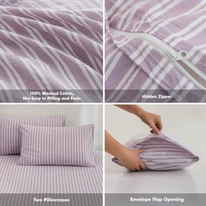 FOSSA Striped Duvet Cover Set 100% Washed Cotton Linen Feel Queen