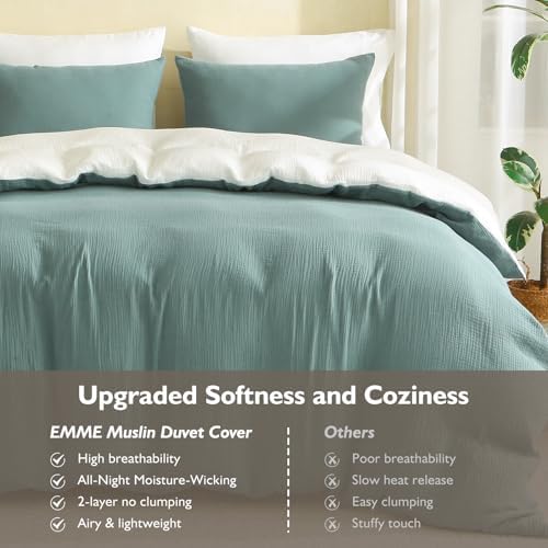 EMME Muslin Cotton Duvet Cover Set Linen Like Teal&White Twin