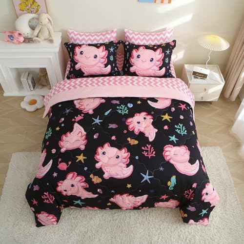 7 Piece Girls Axolotl Bedding Comforter Set for Kids Queen Size Kawaii Axolotl Bed in A Bag for Teen 3D Animals Colorful Bed Set Black