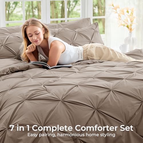 Sasttie Oversized King Comforter Set, 7-Piece Bed in a Bag, Pintuck Bedding Sets for All Season, Includes Comforter, Flat Sheet, Fitted Sheet, Pillowcases and Pillowshams, Dark Linen