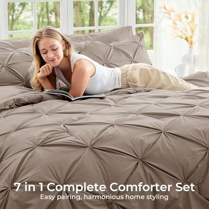 Sasttie Oversized King Comforter Set, 7-Piece Bed in a Bag, Pintuck Bedding Sets for All Season, Includes Comforter, Flat Sheet, Fitted Sheet, Pillowcases and Pillowshams, Dark Linen