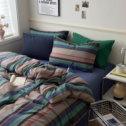 mixinni Blue Striped Duvet Cover Twin XL 100% Washed Cotton 3 Pcs Vintage Striped Bedding Set Soft Breathable Comforter Cover Set for Boys Girls Bedroom