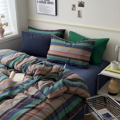mixinni Vintage Striped Duvet Cover Full 100% Washed Cotton Bedding Set Retro Mid Century Modern Striped Duvet Cover with Zipper Closure Corner Ties for Kids Teens Dorm