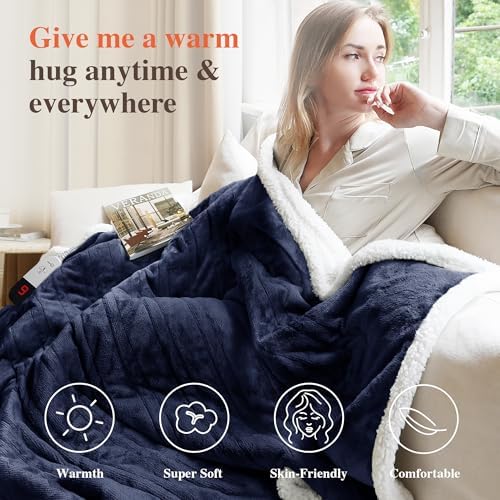 Heated Blanket Twin Size Electric Blanket - Heating Blanket with 6 Heat Levels & 4 Hours Auto-Off, Cozy Soft Fleece Sherpa Blanket, Washable, Fast Heating, 62 x 84 Inches, Navy
