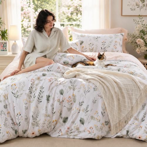 MUXHOMO Garden Leaves Bed in a Bag Queen 7 Pieces, Queen Comforter Set Reversible Botanical Flowers Design, Ultra Soft & Breathable Bedding Sets with Comforter, Sheets, Pillowcases & Shams