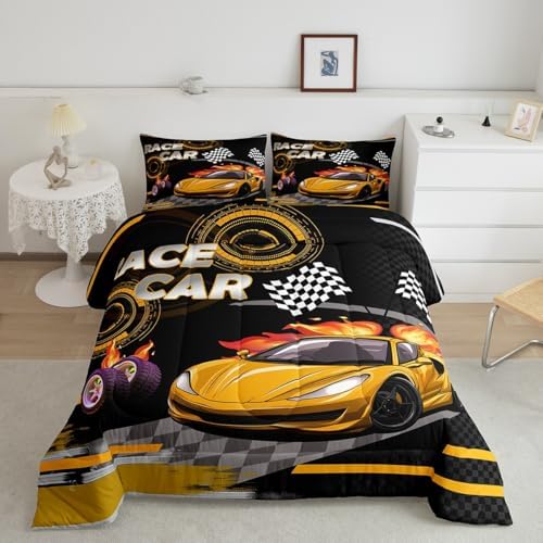 Feelyou Kids Yellow Race car Comforter Set Queen Size Speed Sports Car Bedding Set Boys Girls Automobile Racing Car Quilt Set Extreme Sports Theme Bed Set