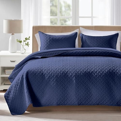 FLYMME Quilts Queen Size - Ultra Soft Navy Blue Quilt Lightweight Microfiber Bedspreads, Classic Basket Weave Pattern Bedspread Bed Coverlet 3 Pieces for All-Season (1 Quilt, 2 Pillow Shams)