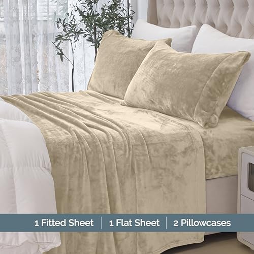 Elegant Comfort Luxuriously Soft 4-Piece Velvet Plush Flannel Sheet Set - Premium Quality - Cozy Warm, Anti-Static, Non Pilling Fuzzy Velvet Flannel Fleece Deep Pocket Sheet Set - Twin, Cream