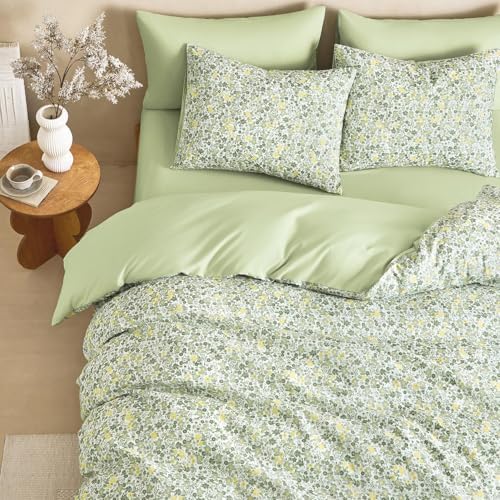 Wake In Cloud - Floral Comforter Set, Cute Vintage Flower Cottagecore Aesthetic for Women Teen Girls, Soft Lightweight Dorm Bedding, 3 Pieces, Sage Green, Queen Size