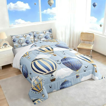 Hot Air Balloon Comforter Set King Size,Sky Bird Bedding Sets 3pcs for Kids Boys Girls Teens Room Cover,Adventure Games Themed Duvet Insert Sets Romantic Blue Quilted Duvet Set with 2 Pillowcases