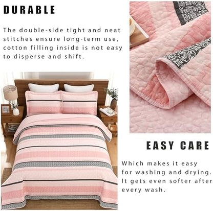 Homzard Quilts Queen Size, Cotton Comforter Set, Light Pink and Grey Queen Bed Set, Lightweight Striped Bedding, Farmhouse Bedspread All Season 3 Pieces
