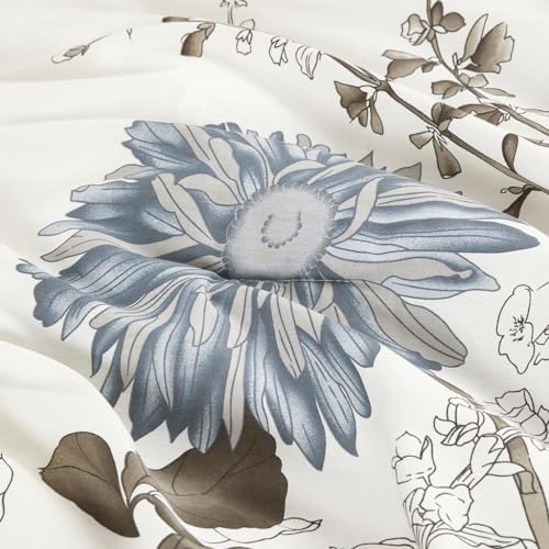 Wake In Cloud - Floral Comforter Set, 100% Cotton Fabric, Vintage Flower Shabby Chic Farmhouse Botanical Cottagecore Sunflower, 3 Pieces Bedding Set, Gray Beige, Full Size