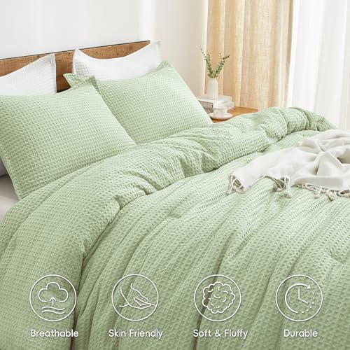 PHF Ultra Soft Waffle Comforter Set 3 Pieces Queen, Sage Green